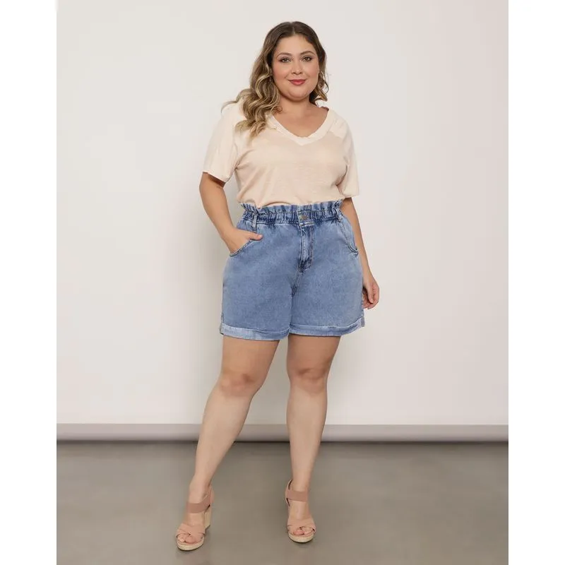 Short Jeans Feminino Plus Size Clochard Barra Dobrado Azul 52