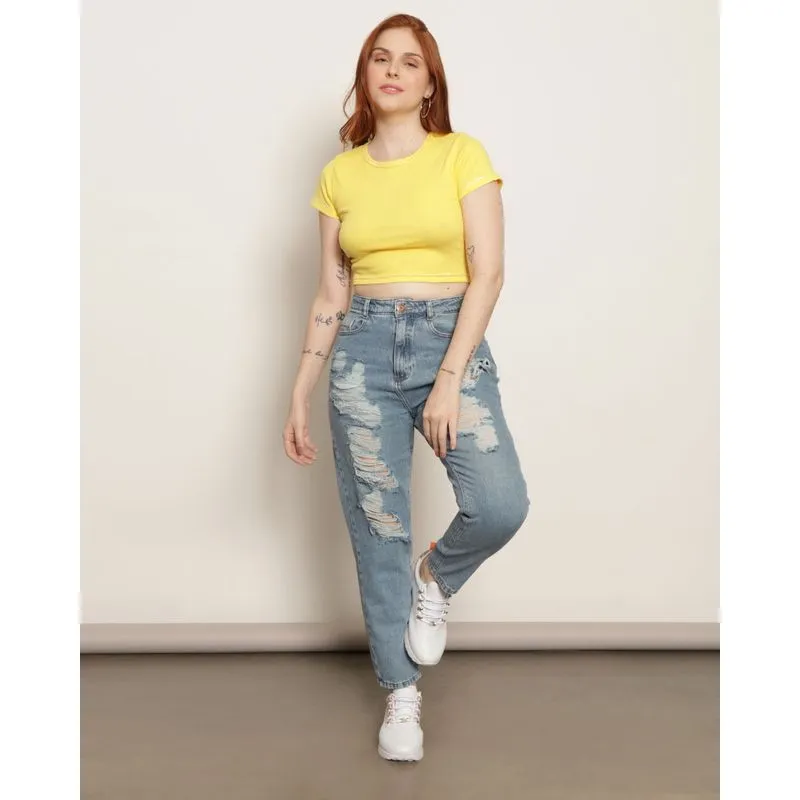 Calça Jeans Feminina Mom Destroyed com Bolsos Azul 44
