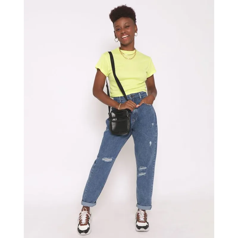 Calça Jeans Feminina Mom Destroyed Azul 42