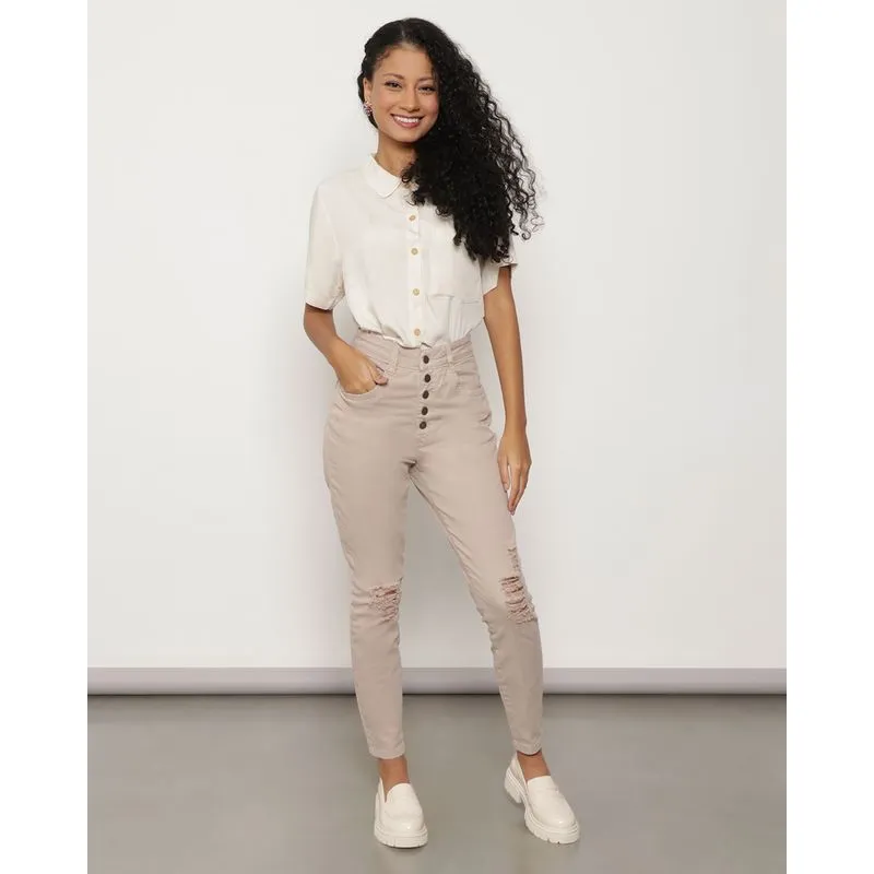 Calça Sarja Feminina Skinny Destroyed Bege 42