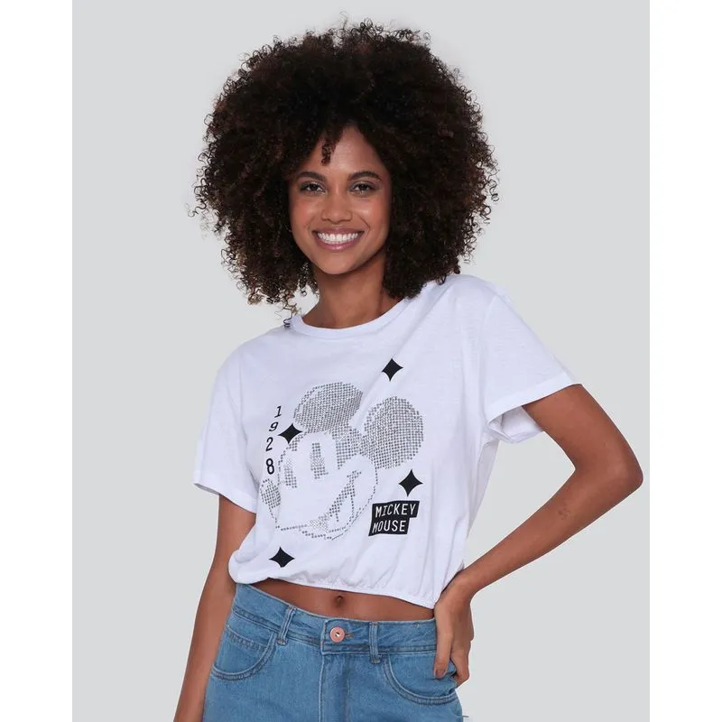 Blusa Feminina Cropped Mickey Strass Disney Branca P