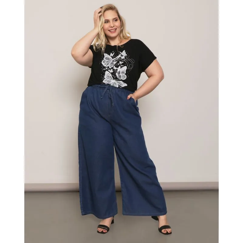 Calça Jeans Plus Size Feminino Pantacourt Azul 54