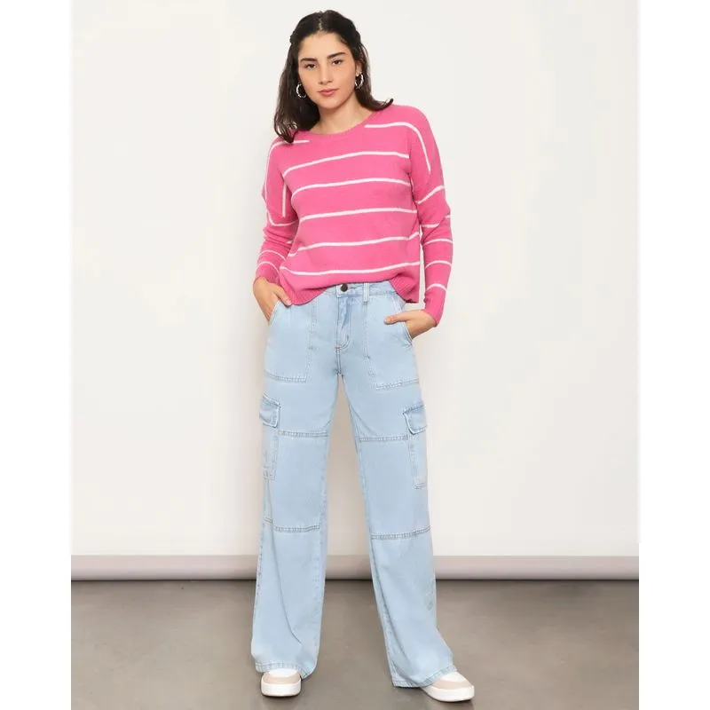 Calça Feminina Jeans Wide Leg Bolso Cargo Azul 38