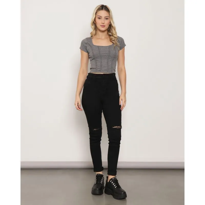 Calça Jeans Feminina Skinny Destroyed Preta 46