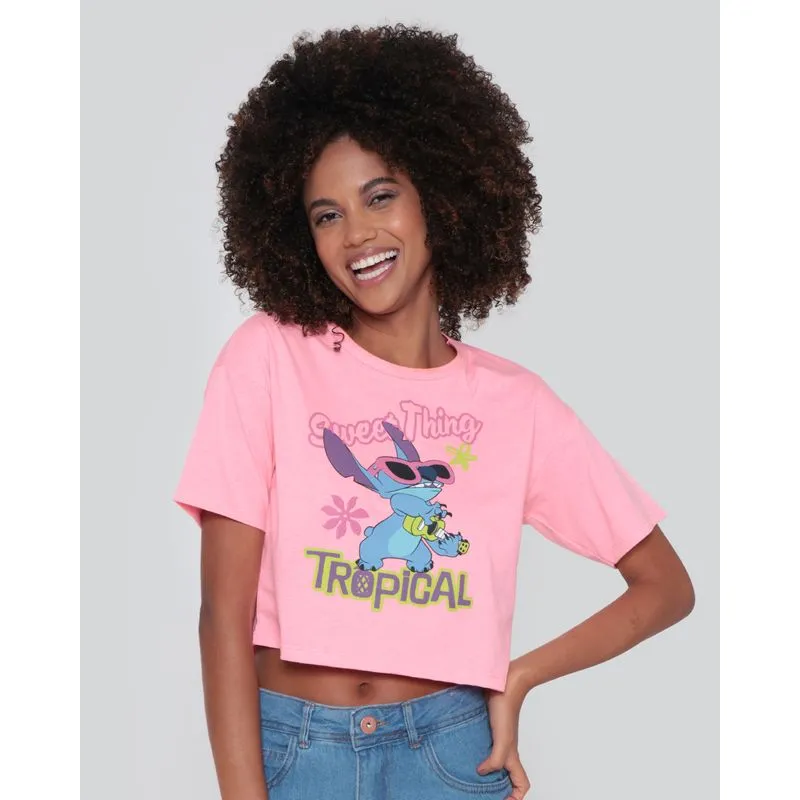 Blusa Feminina Cropped Stitch Disney Rosa G