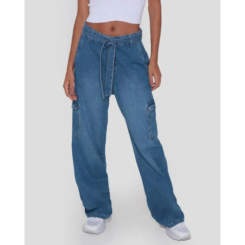 Calça Jeans Feminina Bolso Cargo Wide Leg Azul 36