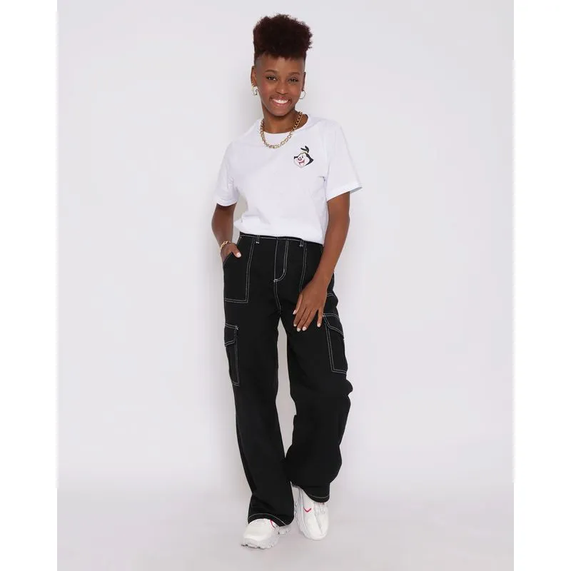 Calça Sarja Feminina Cargo Reta Preta 36