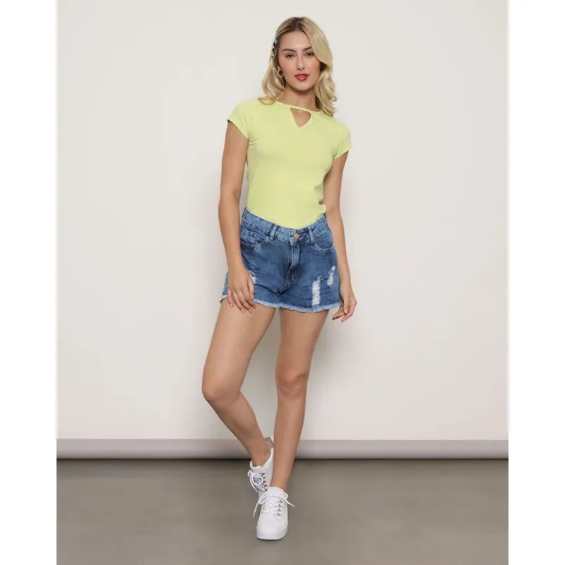 Short Jeans Feminino Destroyed Barra Desfiada Azul 40