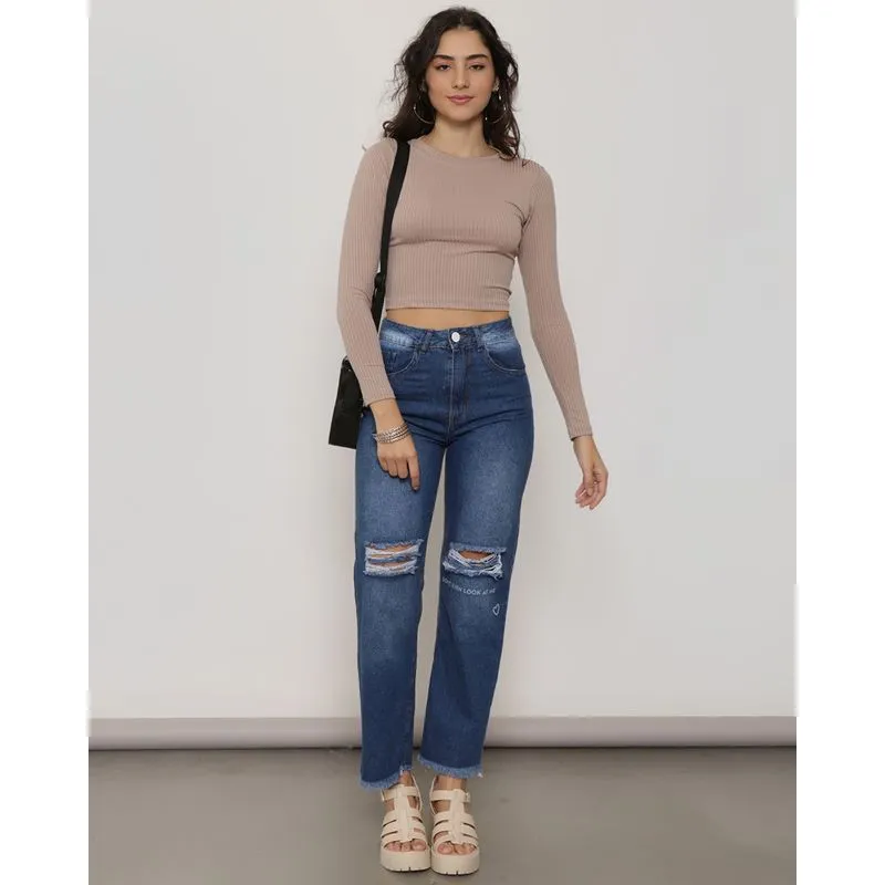 Calça Jeans Feminina Reta Destroyed Barra Desfiada Azul 38