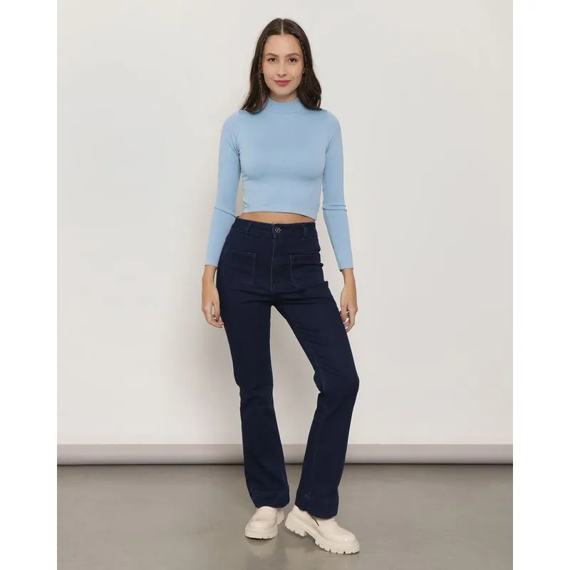 Calça Jeans Feminina Flare Com Bolso Azul Escuro 42