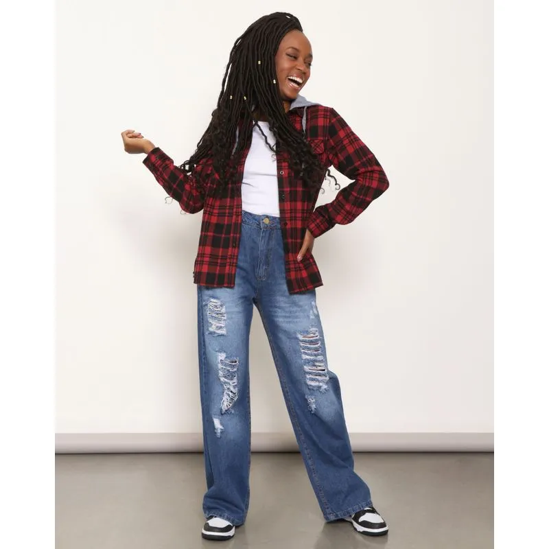Calça Jeans Feminina Wide Leg Destroyed Azul 38