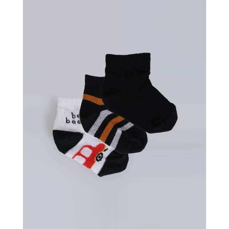 Kit Meia Bebê 3 Pares Listrada Carrinho Branco Preto 19 A 21