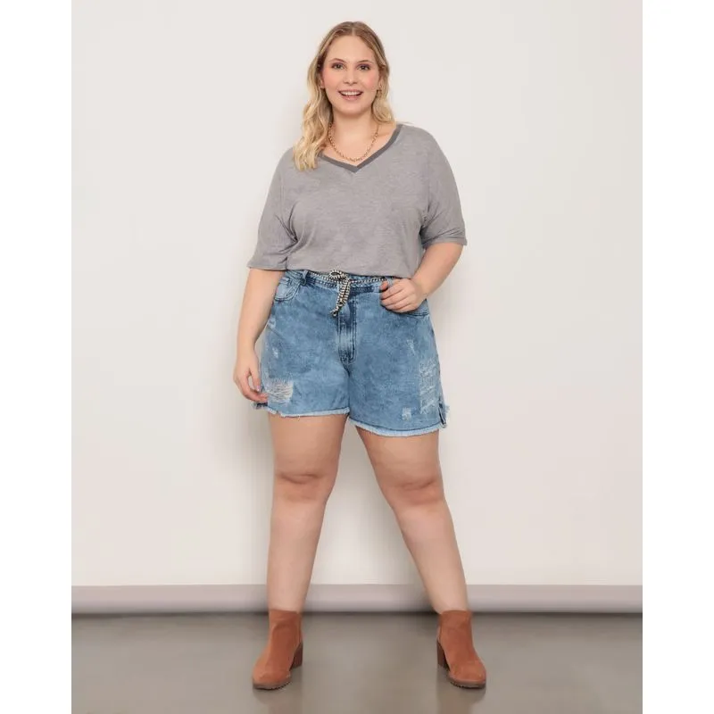Short Jeans Plus size Feminino Destroyed Barra Desfiada Azul 52