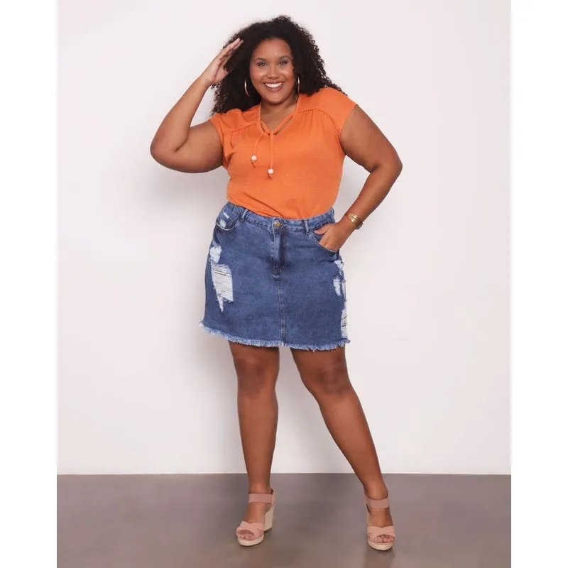 Saia Jeans Plus Size Feminina Destroyed Barra Desfiada Azul 48