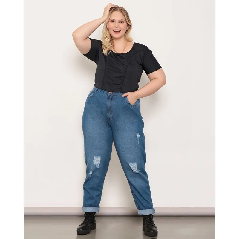 Calça Jeans Mom Plus Size Feminina Destroyed Cintura Alta Azul 52