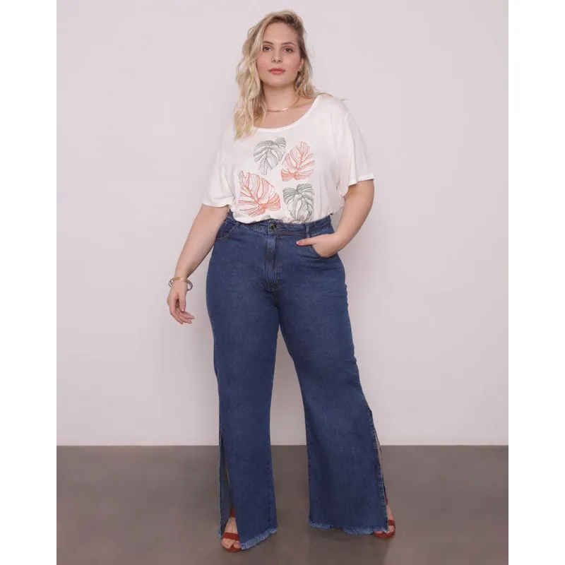 Calça Jeans Feminina Plus Size Wide Leg Azul 54