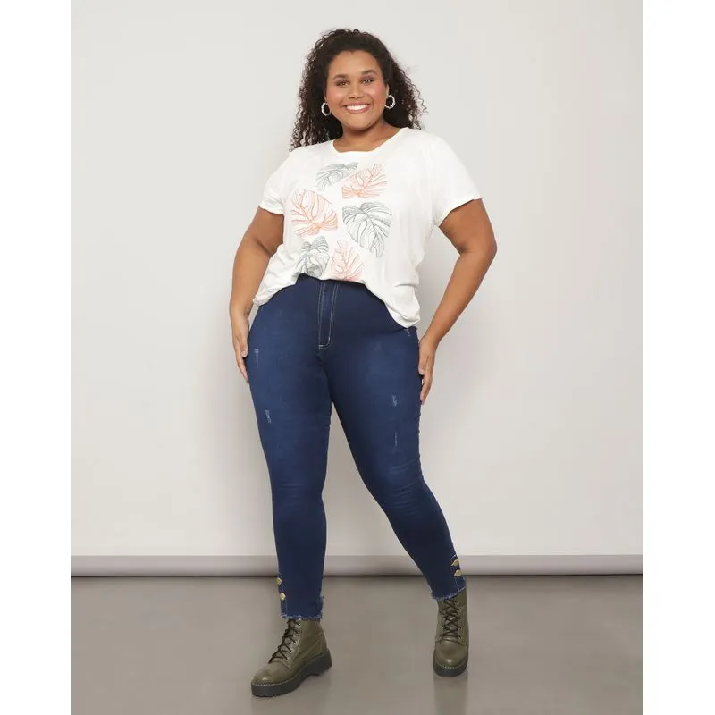Calça Jeans Plus Size Feminina Cigarrete Barra Desfiada Azul 48
