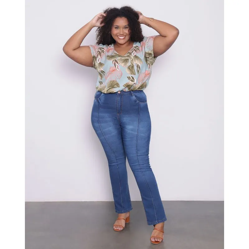 Calça Jeans Plus Size Feminina Flare Cintura Alta Azul 48