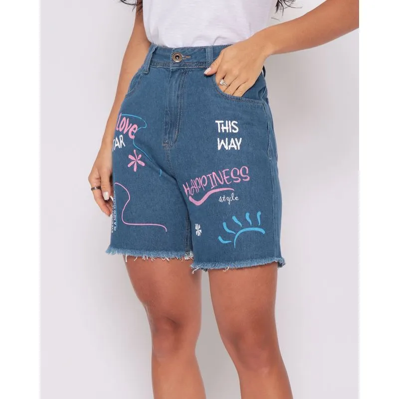 Bermuda Mom Jeans Feminina Estampa Grafite Azul 38