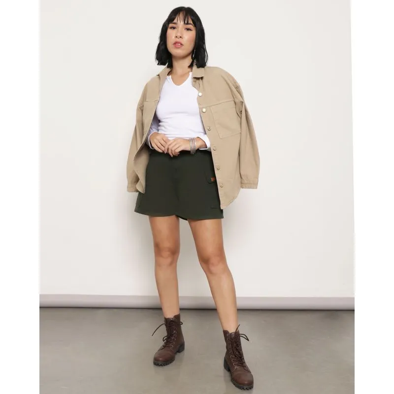Short Sarja Feminino Curto Cargo Verde 42