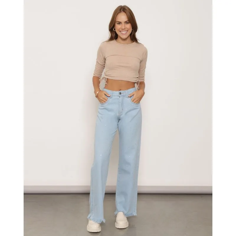 Calça Jeans Feminina Wide Leg Com Strass Azul 36