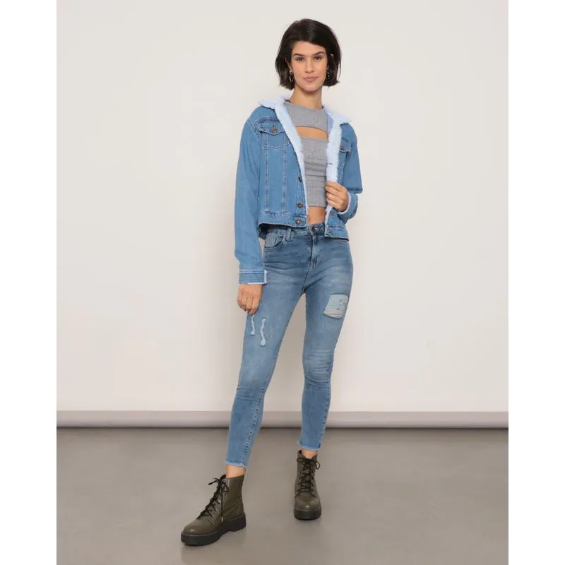 Calça Jeans Feminina Skinny Destroyed Barra Desfiada Azul 46
