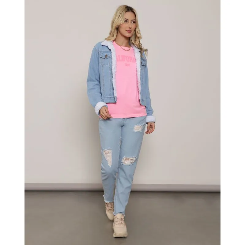 Calça Jeans Feminina Mom Destroyed Azul Claro 46