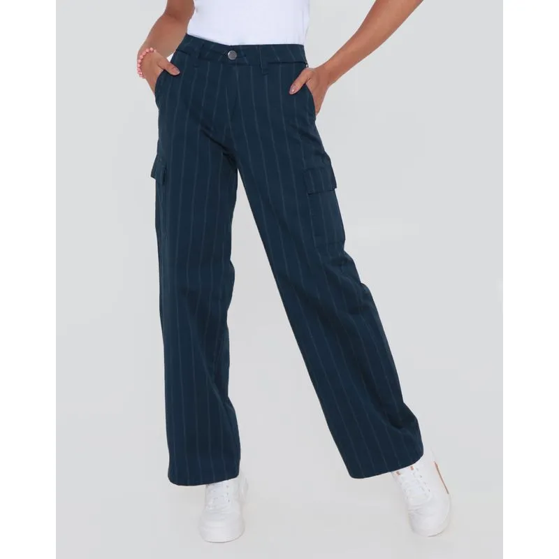 Calça Sarja Feminina Reta Risca De Giz Azul Marinho 40