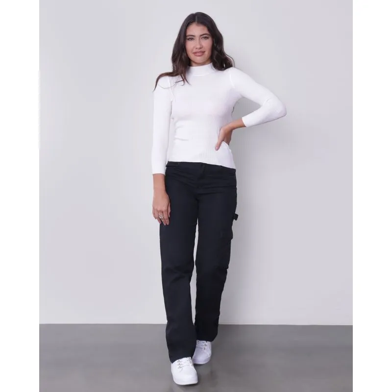 Calça Sarja Feminina Wide Leg Cargo Off Preta 46