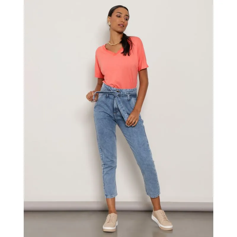 Calça Mom Jeans Feminina Com Faixa Amarração Azul 44