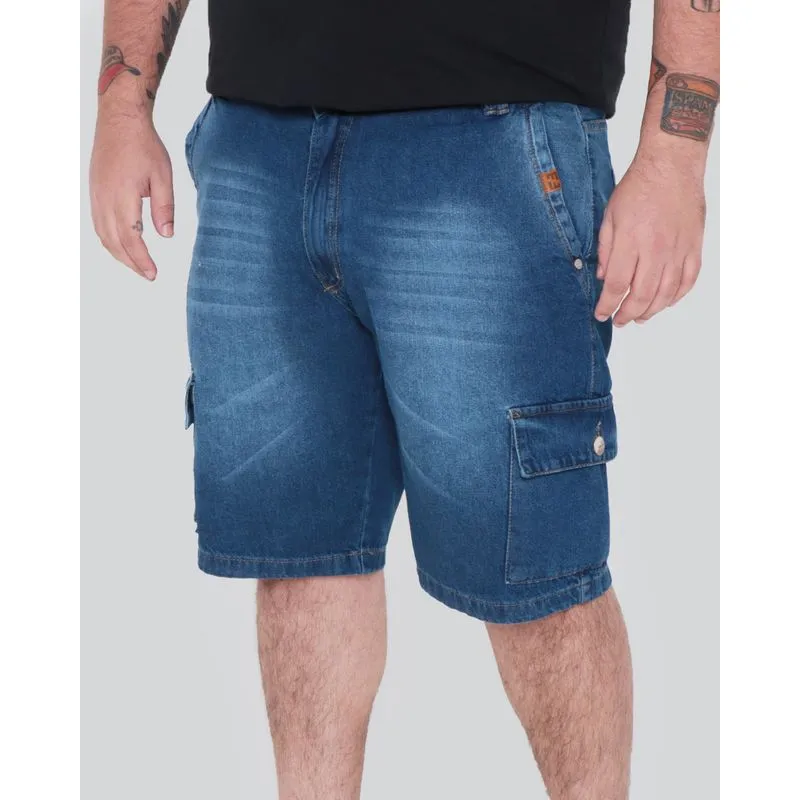 Bermuda Jeans Masculina Plus Size Cargo Azul Médio 54