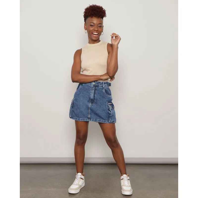 Saia Jeans Feminina Curta Bolso Cargo Azul 44