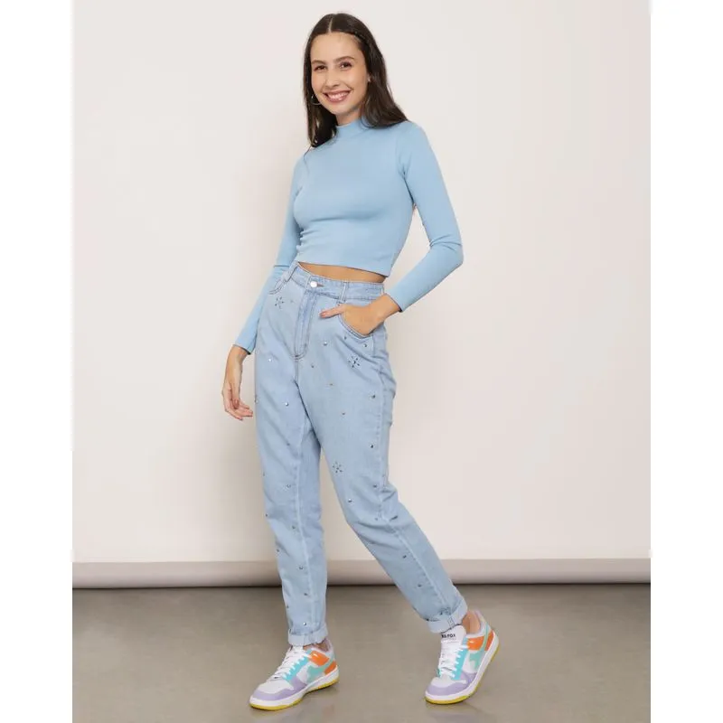 Calça Jeans Feminina Mom Tachas Vizzy Azul 44