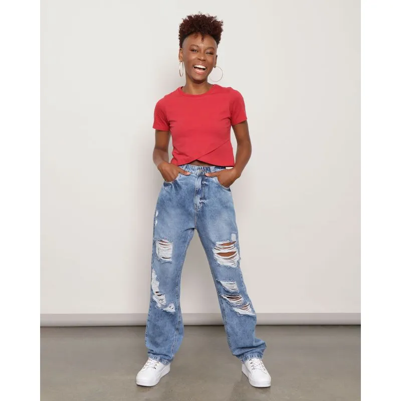 Calça Jeans Feminina Reta Destroyed Bolso Azul 40