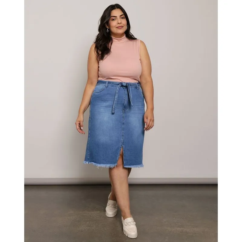 Saia Jeans Plus Size Vizzy Reta Barra Desfiada Azul 50