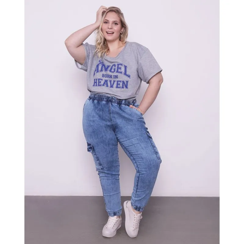 Calça Jeans Feminina Plus Size Jogger Bolsos Cargo Vizzy Azul 48