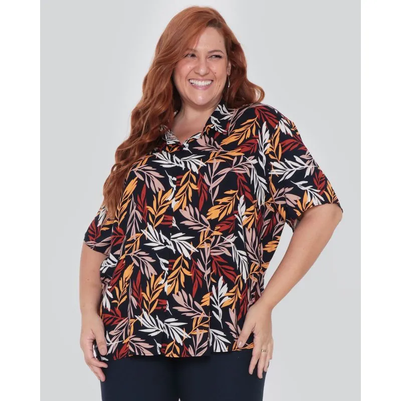 Camisa Feminina Plus Size Estampa Folhagem Azul Marinho G3