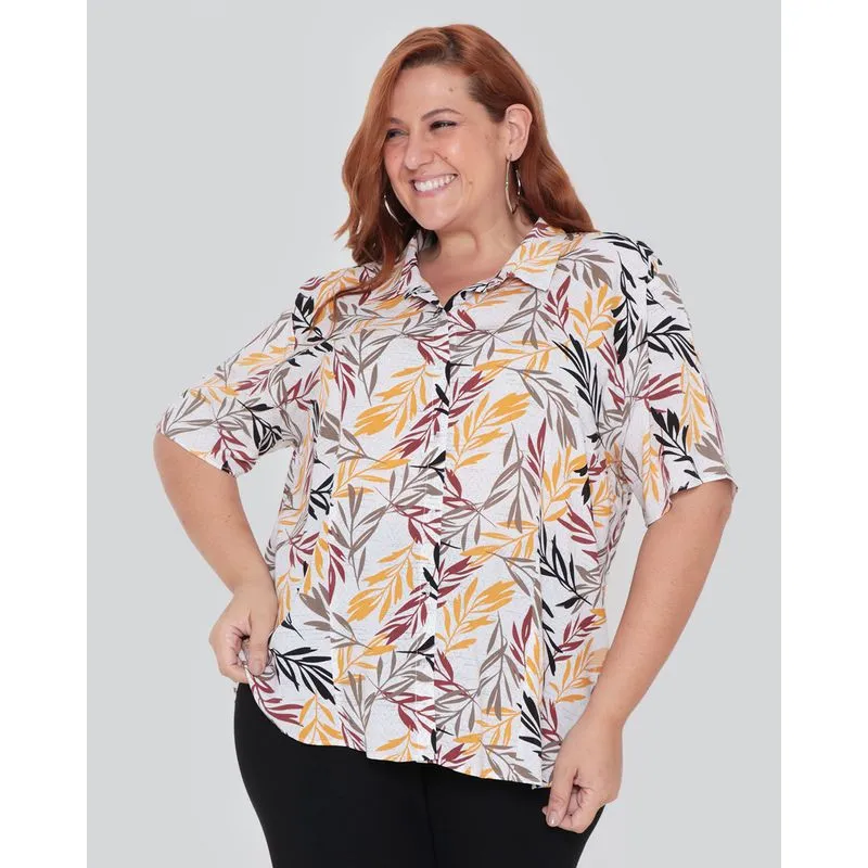 Camisa Feminina Plus Size Estampa Folhagem Off White G3