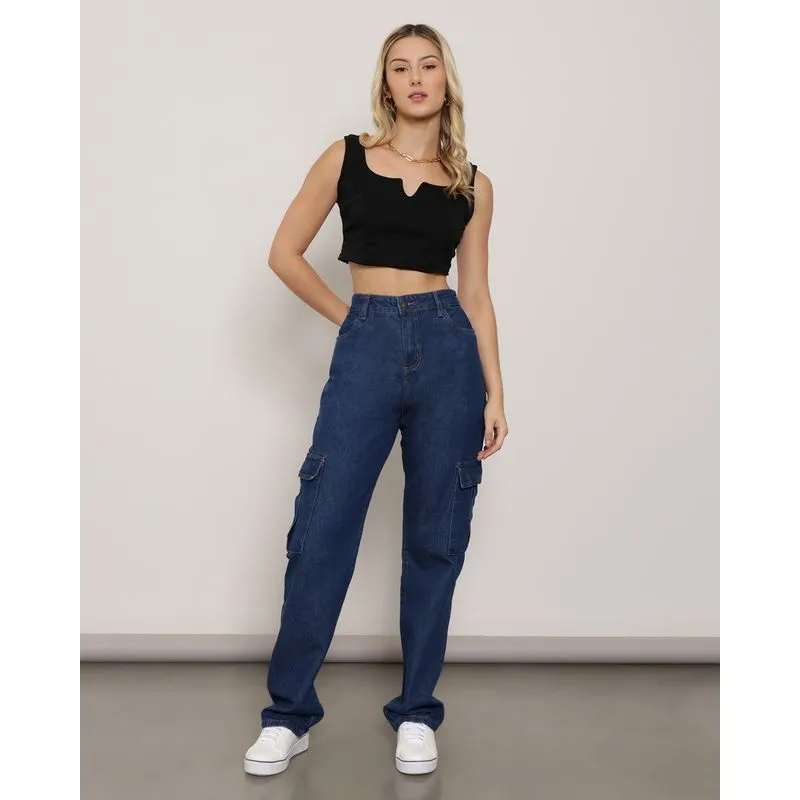 Calça Jeans Feminina Reta Bolso Cargo Azul 38
