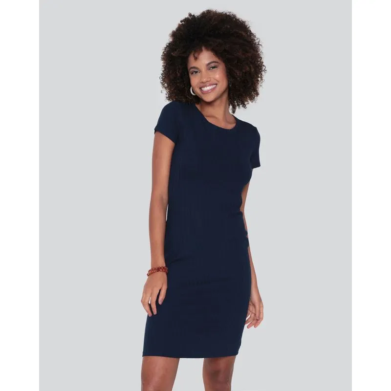 Vestido Feminino Básico Canelado Azul Marinho XGG