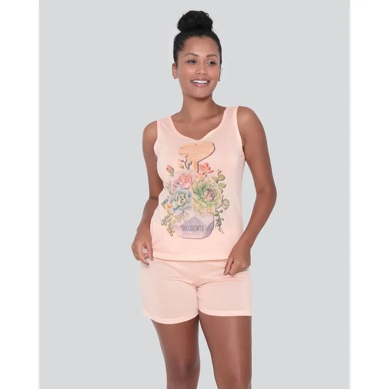 Pijama Feminino Regata Estampa Suculentas Laranja G