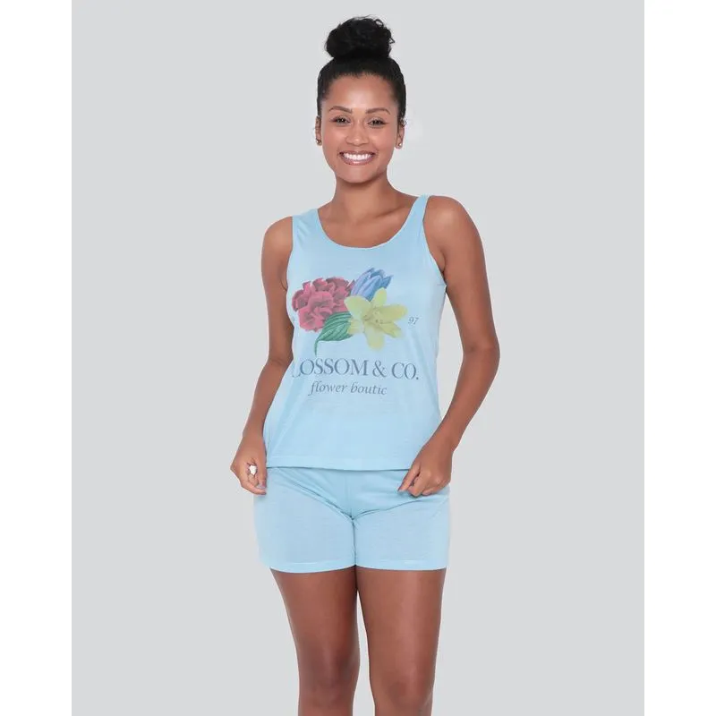 Pijama Feminino Regata Estampa Flores Azul Claro M