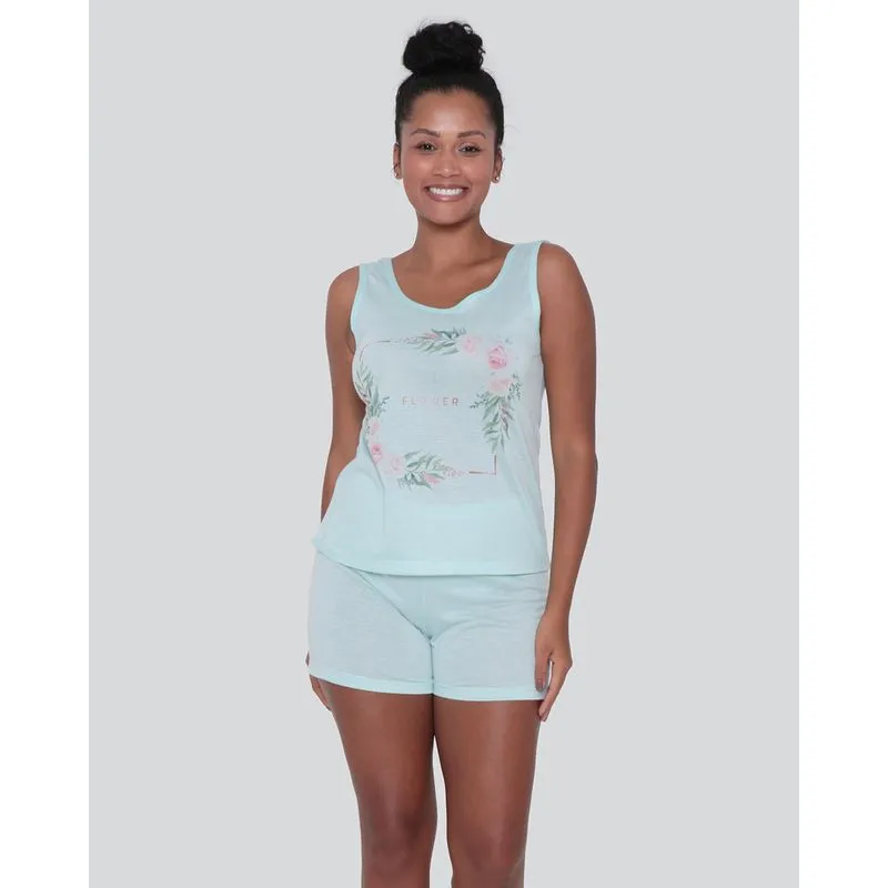 Pijama Feminino Regata Estampa Flower Verde Claro M