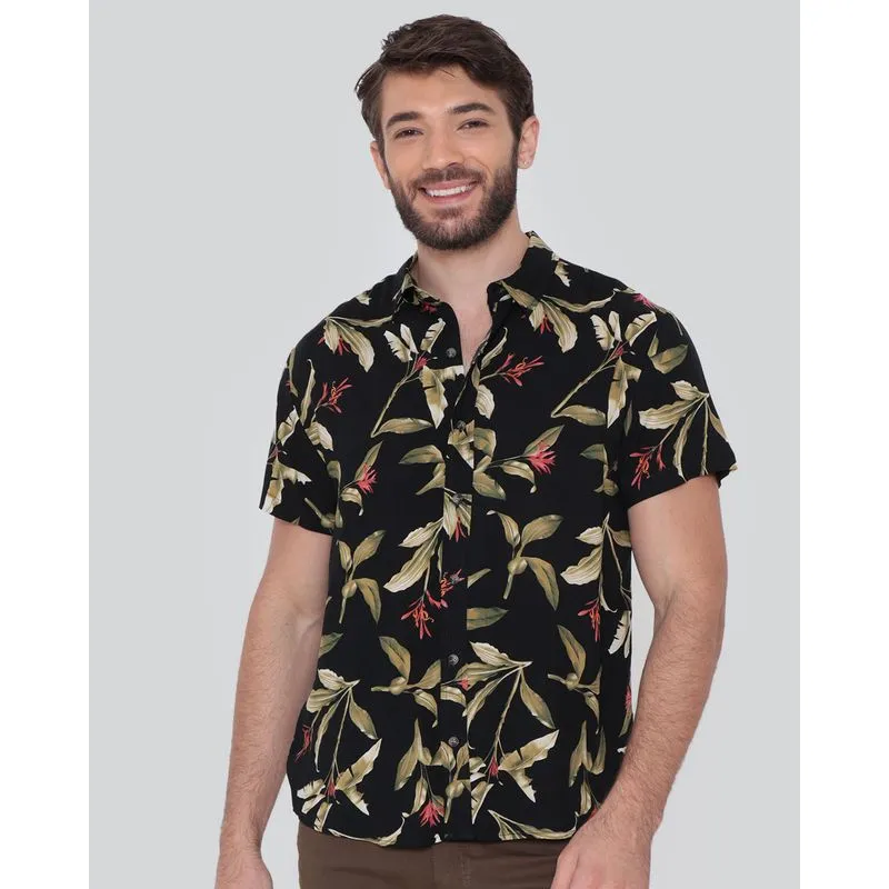 Camisa Masculina Manga Curta Estampada Floral Preta P