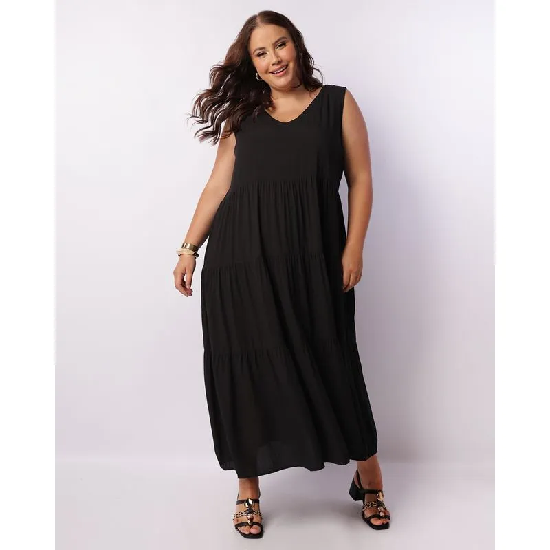 Vestido Plus Size Feminino Berry & Co. Longo Viscose Preto G3