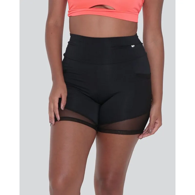 Bermuda Feminina Fitness Recortes Tule Preta P