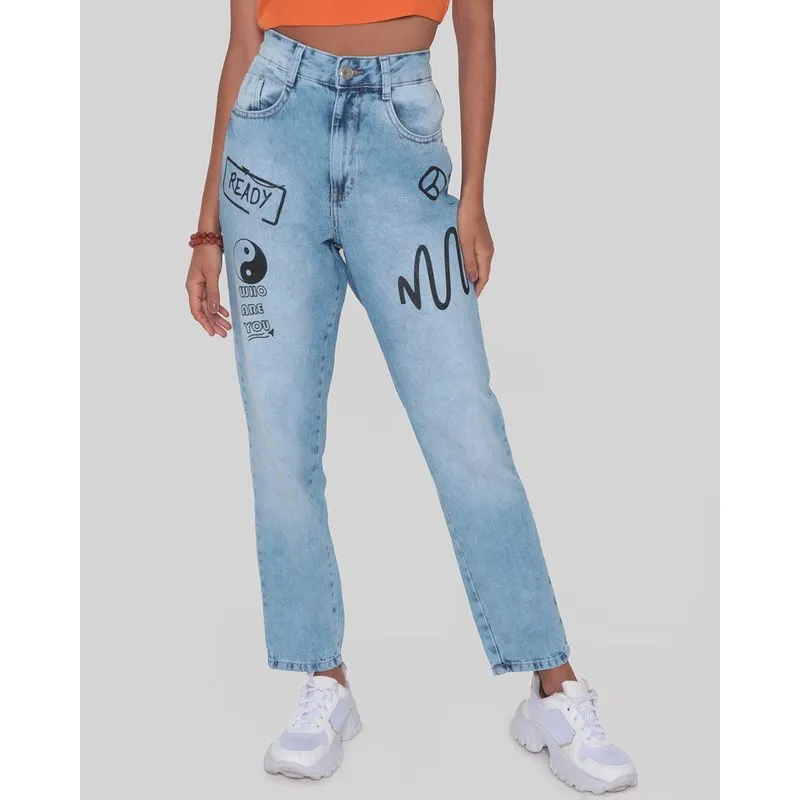 Calça Jeans Feminina Mom Estampada Azul Claro 42