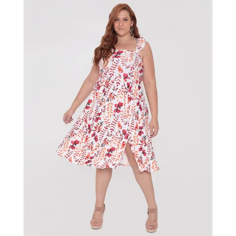 Vestido Feminino Plus Size Alças Finas Estampa Floral Branco G1