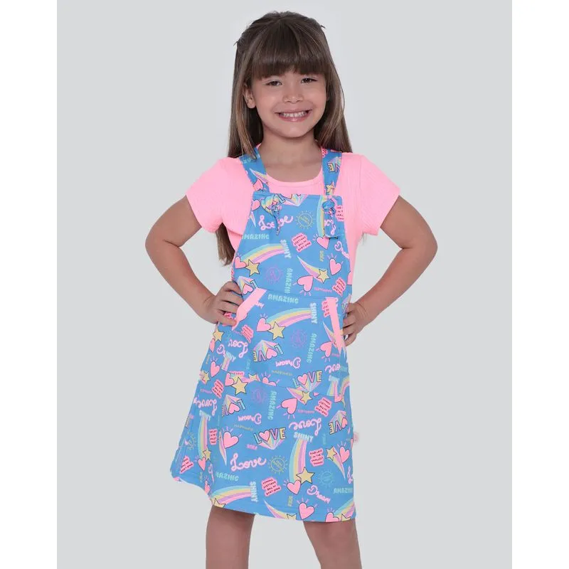 Salopete Moletinho Infantil Estampada Blusa Neon Azul 10