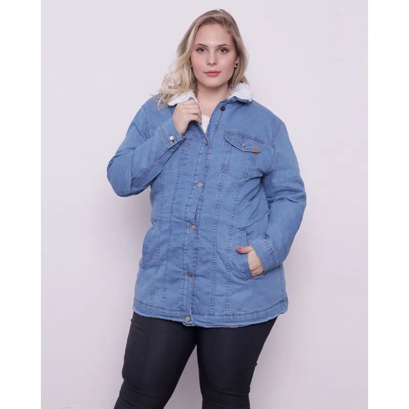 Jaqueta Feminina Jeans Plus Size Forro Sherpa Azul G1
